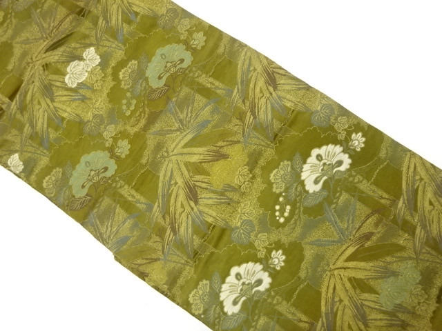 JAPANESE KIMONO / ANTIQUE MARU OBI / SILK / WOVEN  IVY LEAVES